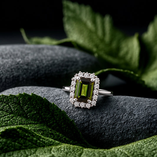 Green Emerald-Cut Halo Ring