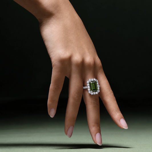 Green Emerald-Cut Halo Ring