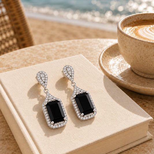 Black Emerald-Cut Drop Earrings