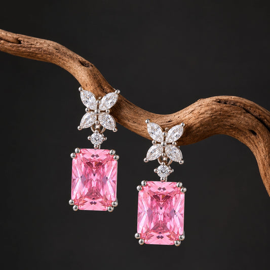 Pink Cushion-Cut Butterfly Earrings