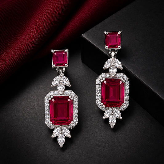 Ruby Red Emerald-Cut Drop Earrings