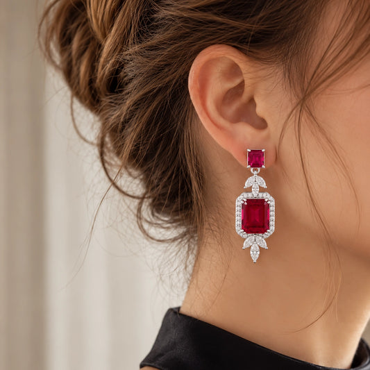 Ruby Red Emerald-Cut Drop Earrings