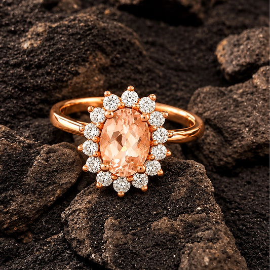 Peach Oval Floral Halo Ring